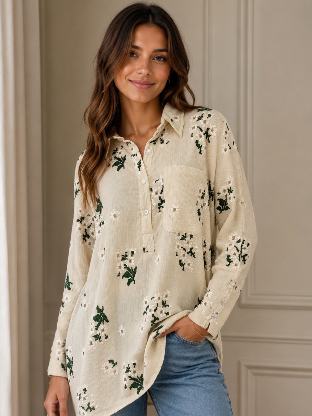 LA VIE STYLE HOUSE Chic Cream Embroidered Floral Tunic with Daisies OS